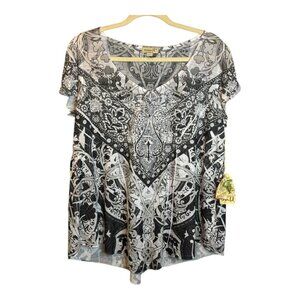 One World Blouse Women's Size 1X Paisley Beaded Black White NEW